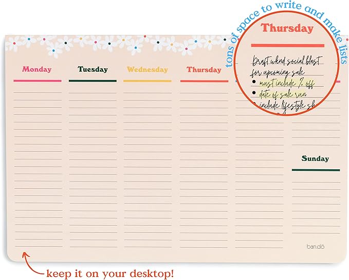 ban.do Weekly Planner Notepad, Desk Planner/Calendar Pad with 52 Sheets, Undated Weekly Desktop Calendar/Agenda (Pink/Green)