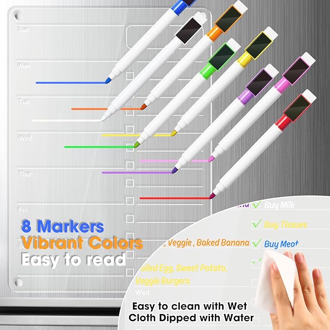 Acrylic Meal Planner Magnetic Menu Board for Kitchen Fridge Planning Board Grocery to Do List Shopping List w/ 8 Markers, Clear Weekly Calendar for Refrigerator Dry Erase Board, 12x9’’