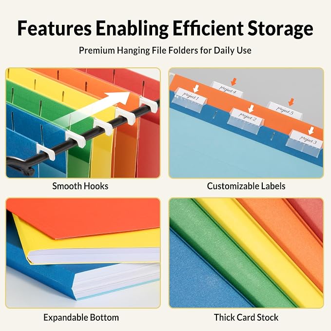 SUNEE Hanging File Folders, Assorted Colors - 75 Pack, Colored File Folders Letter Size with 1/5-Cut Tabs, Ideal for Organizing Home and Office Documents
