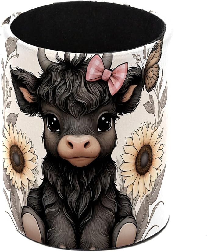Leather Pen Holder for Desk, Black Highland Cow Floral Makeup Brushes Holder Pencil Cup Multifunctional Desktop Organizer Caddy for Home School Office Desk Accessories