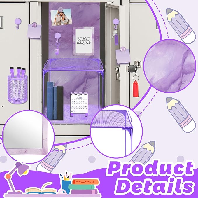 Denylo pro Purple Magnetic Locker Marble Theme Accessories Kit Include Back to School Essentials for Back to School Decorations Office Supplies
