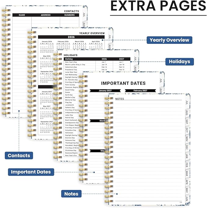 Planner 2026-2027, Monthly and Weekly Academic Planner July 2026 - June 2027, Hardcover Student Teacher Planning Agenda Calendar Book with Tabs, Perfect for Office School Supplies, A4 (8.5" x 11") - Porcelain Bloom