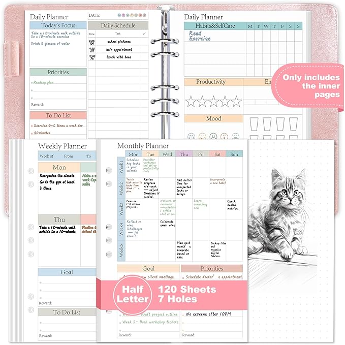 ADHD Half Letter Planner Refill Pages Planner Inserts 5.5" x 8.5" for 3/7 Ring Binder Daily Weekly Monthly 120 Sheets/240 Pages Undated Planners Colorful To Do List 7-Hole Refill Paper 120 GSM Thick Loose Leaf Paper Punched for 3 Months Neurodivergent ...
