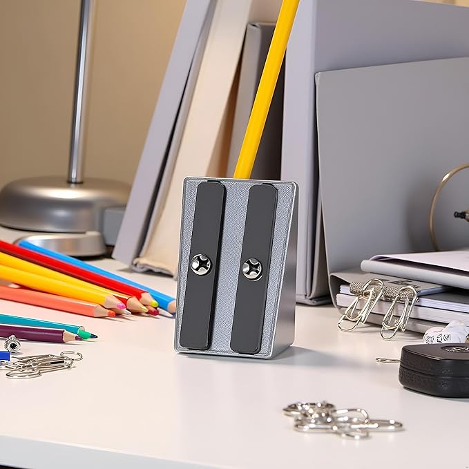 Silver Metal Bevelled Double Hole Pencil Sharpener School Office Sharpener Stationery Writing and Correction Supplies,Office and School Supplies