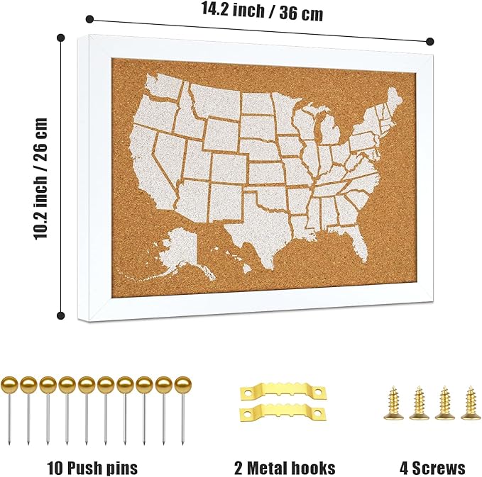 White Frame Cork Board Map of The United State, 14" X 11" Bulletin Boards for Walls with 10 Pins, Travel Tracker Map for Office, School and Home (US-MAP-2636-C)