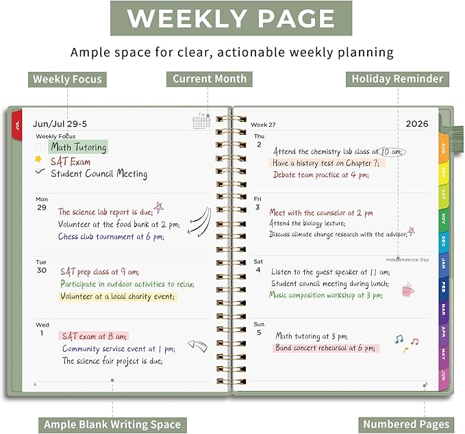 EMSHOI Academic Planner 2026-2027, Large A4 8.5x11, Weekly and Monthly Calendar (July 2026-June 2027), School Student Teacher Agenda Book, 100GSM Thick Paper, PVC Cover, Colorful Tabs, Light Green