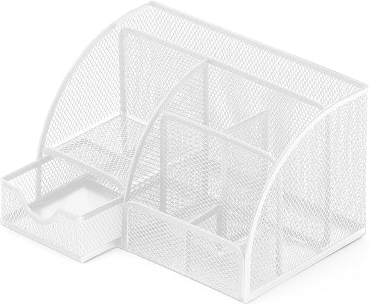 Boutilon Mesh Desk Organizer Desktop Office Supplies Stationary Organizer with 6 Compartments and 1 Drawer Multi-Functional Caddy Pen Holder for Home Office School Desk Decor(White)