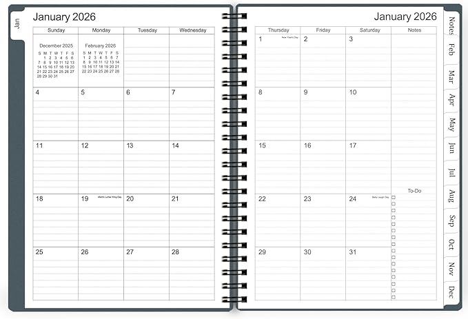 Tiankool Planner 2026, Jan 2026 - Dec 2026 Weekly Monthly Planner with 12 Monthly Tabs and Elastic Closure, Inner Pocket, Round Corner,5.8" x 8.25"- Grey