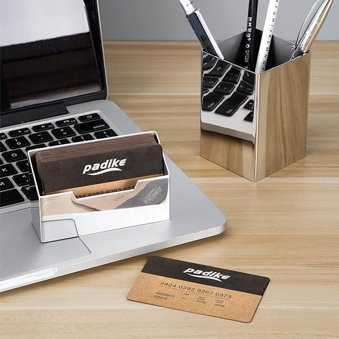 Padike Stainless Steel Business Card Holder - Brushed Metal Desk Organizer for Office & Home, Modern Business Card Stand Display (Holds 50 Cards) - Minimalist & Durable