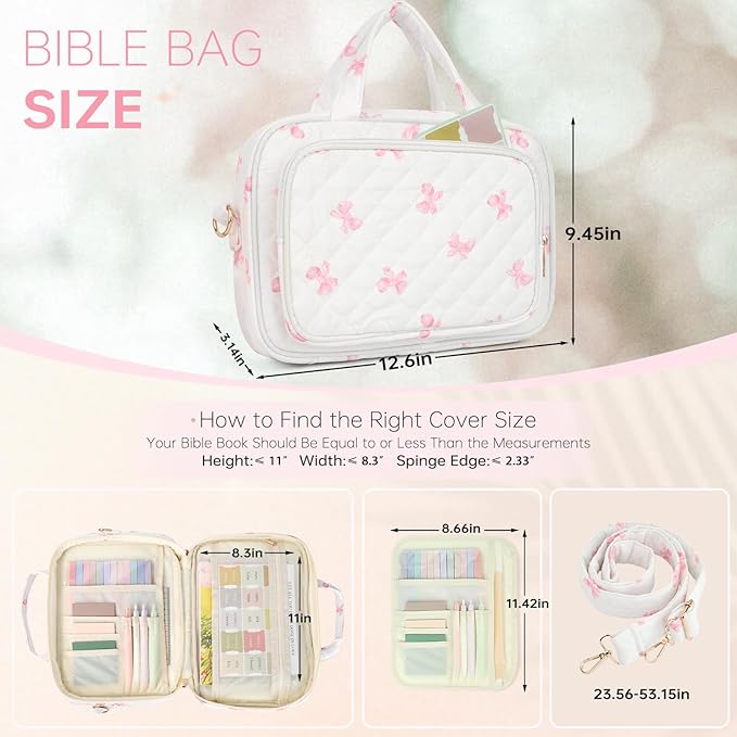 Bible Cover Case for Women Bible Study Supplies Church Camp Essentials Christian Gifts for Women Journaling Kit Quilted Large Bible Book Sleeve (Pink Bow, Large)