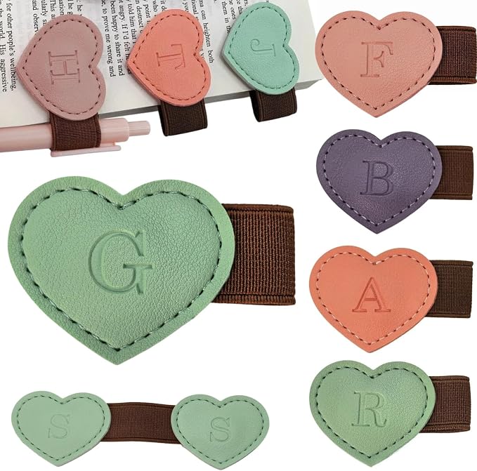 Personalized Magnetic Leather Heart Bookmark with Pen Holder - 26 Letters Custom Book Mark Notebook Pencil Loop with Initial Book Marker for Readers, Book Lovers- Gifts for Women Men(Green,G)