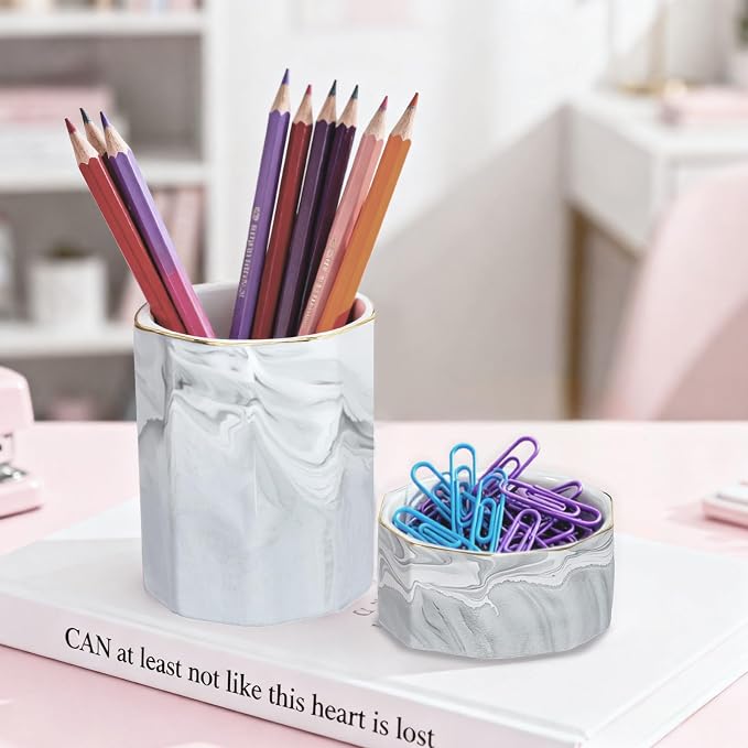 Aesthetic Desk Organizer Set of 2 For Your Office - Sturdy Concrete Desktop Accessories For Women or Men Enhance Any Office Decor - Set incl. Pen Holder, Paperclip Storage (grey)