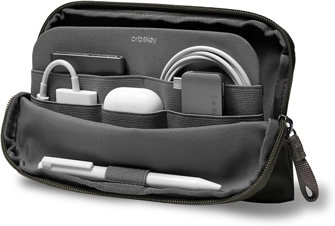 Orbitkey Olive Expandable Desk Storage Pouch – Fold-Down Access Panel, Pen Loop, Recycled Water-Resistant Material – Self-Standing Organizer for Office, Travel, Tech Gear