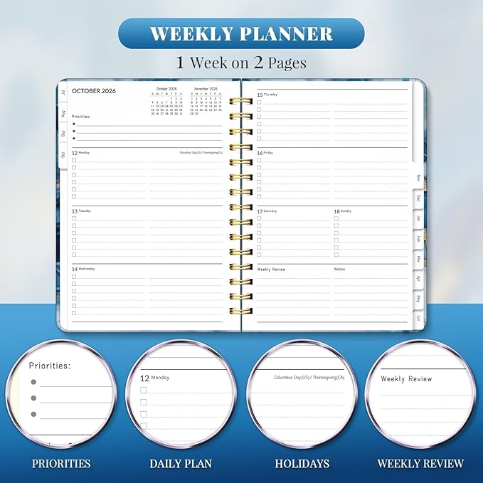 Lonely Oak Academic Planner 2026-2027, Daily Weekly and Monthly Agenda Planner 6.18" x 8.5" with Tabs, 12 Months Spiral School Year A5 Calendar from Jul.2026 to Jun.2027 for Student and Teacher (Dark Blue)