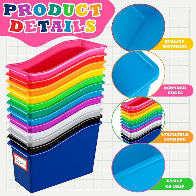 Jinei 24 Pack Multicolor Book Bins for Classroom Decor Bulk Plastic Bins with Name Labels Assorted Color Organization Book Bin Baskets Teacher Storage Boxes for Classroom Office