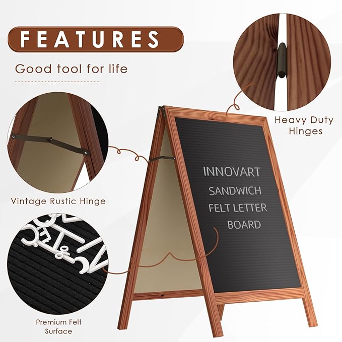 INNOVART A-Frame Sidewalk Sign 40”x26”, Sandwich Felt Letter Board w/Changeable Letters, Double-Sided Felt Letter Board, Free Standing Letter Board Easel for Restaurant, Business, Wedding, Dark Brown
