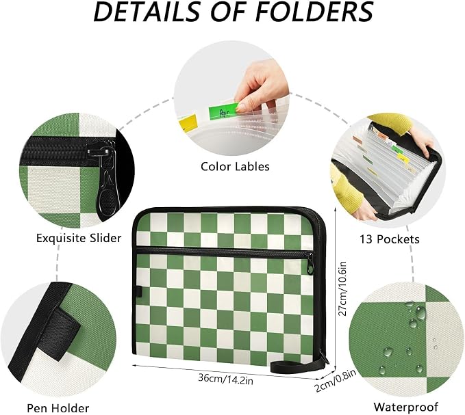 Expanding File Folder Green White Checkered Buffalo Plaid Accordion File Organizer 13 Pockets Document Organizer with Zipper Labels A4 Letter Office Storage