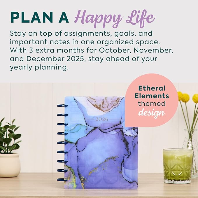 Happy Planner Disc-Bound Planner Jan.–Dec. 2026, Includes 3 Extra Months and 2 Sticker Sheets, Classic Size, 7" x 9.25", Horizontal Layout, Ethereal Elements