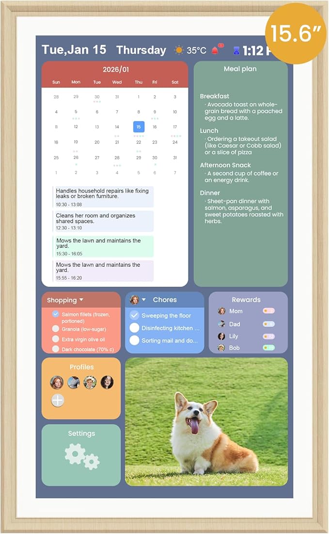 15.6-Inch Smart Digital Calendar & Photo Frame for Family, Wall Planner with Light Wood Frame, Auto-Sync to Apple, Google & Outlook, Touchscreen Display with Chore Chart, To-Do Lists & Meal Planner, No Subscription