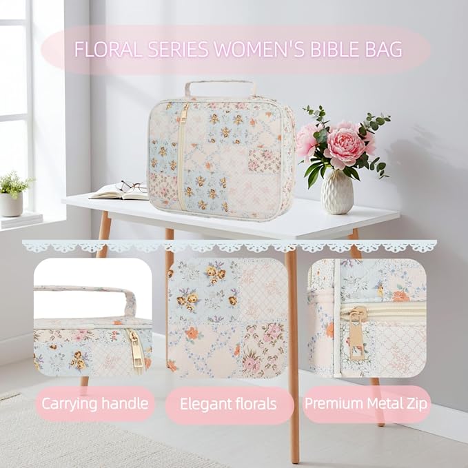 Bible Cover Case for Women Large Bible Cover Bag with Durable Handle Quilted Carrying Bible Study Supplies Accessories (Classic Floral)