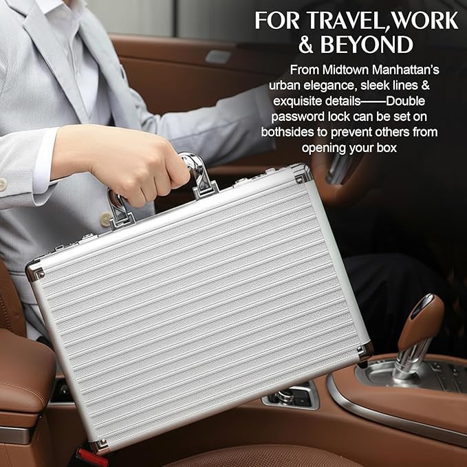 Locking Briefcase 15" File Organizer Storage Box, Portable with Dual Combination Locks, Durable Aluminum Alloy Frame for Cash/Documents, Ideal for Home/Office/Travel/Business