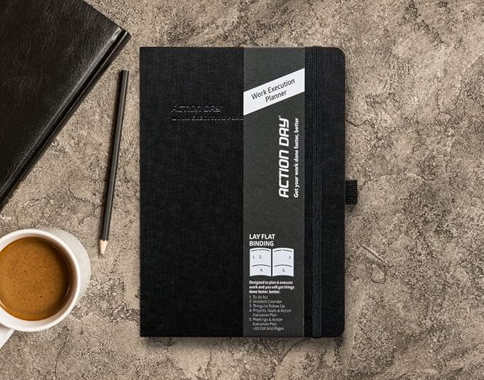 Action Day Undated Weekly, Monthly Planner, Designed to Get WORK Done - To-Do List, Projects List, Meeting Notes & Action Items - Perfect for Office & School, Pocket, Lay-Flat Binding, 7x9, Black