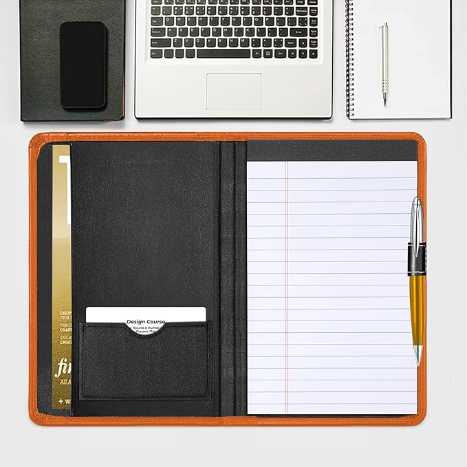 Mini Padfolio/Junior Portfolio Folder Case, Business A5 Binder Organizer Notepad for Men Women, 5 x 8 Writing Pad Included, Orange