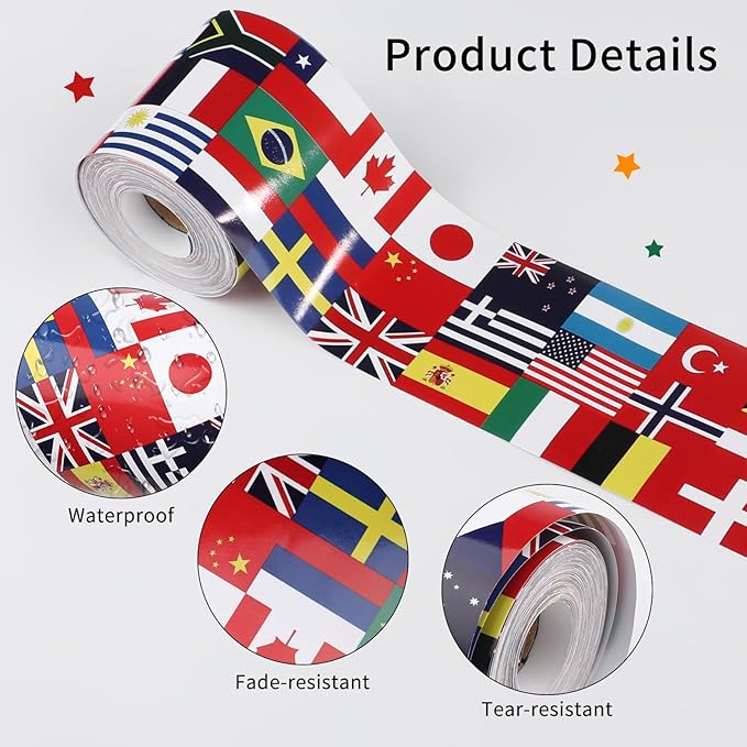 65 Ft International Flags Bulletin Board Borders, Diversity Country Flag Around The World Bulletin Board, Multicultural Decorations for Bulletin Board, Cork Board, Party, Classroom Decor