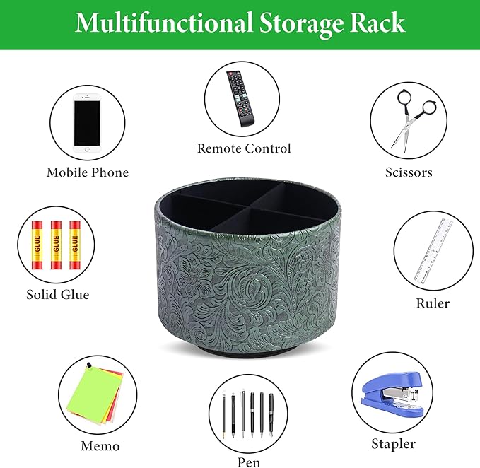 lizimandu Round Leather Art Supply Organizer,Remote Control Holder,360 Degree Spinning,Multi-Functional Pencil Holder,4 Compartments Desktop Stationary Organizer(1-Carved Metal Green1)