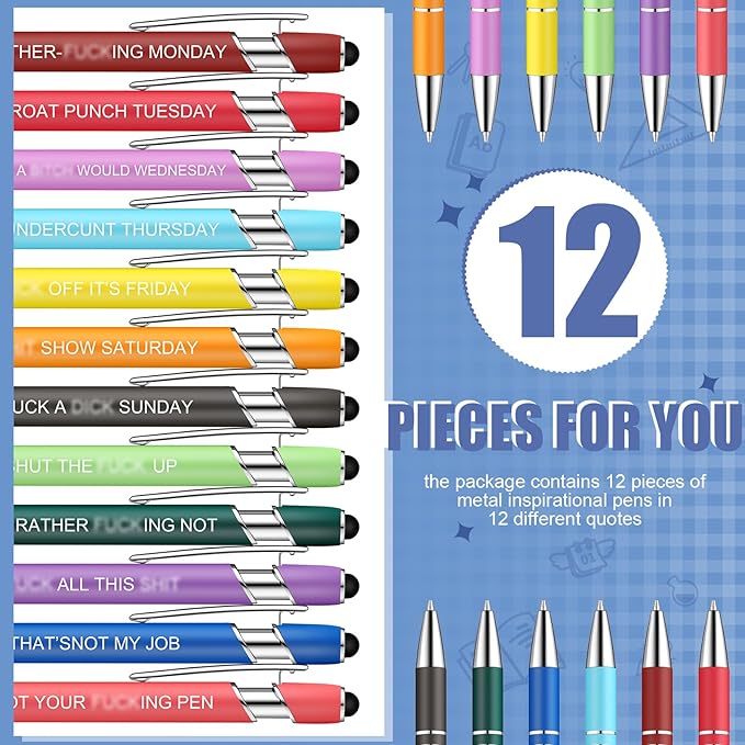 Zonon 12 Pcs Inspirational Pens Gift Set Funny Ballpoint Pen with Stylus Tip Motivational Graduation Gifts Bulk for Teacher Coworkers Nurse School Office Supplies(Fancy Color,Funny Week)