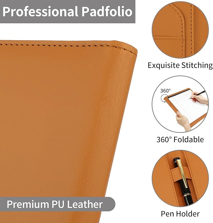 MOWPOG Professional Padfolio Portfolio Binder, Faux Leather Interview Resume Folder, Letter Size A4 Legal Writing Pad Holder, Document Organizer for Business School Office Conference (Brown)