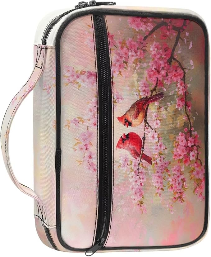 Cardinal Bird Cherry Blossom Print Bible Covers for Men Women Bible Tote Bag Bible Carrying Case Bible Book Protective Bag with Handle and Zippered Pocket