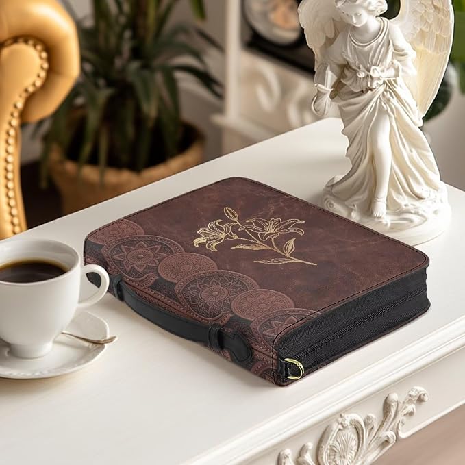 Bible Bag for Girls Gold Line Lily Pattern with Shoulder Strap XXL | Bible Cover with Strap and Handle,PU Leather Bible Protecto, Inner Pockets and Pen Loop, Bible Study Supplies for Girls