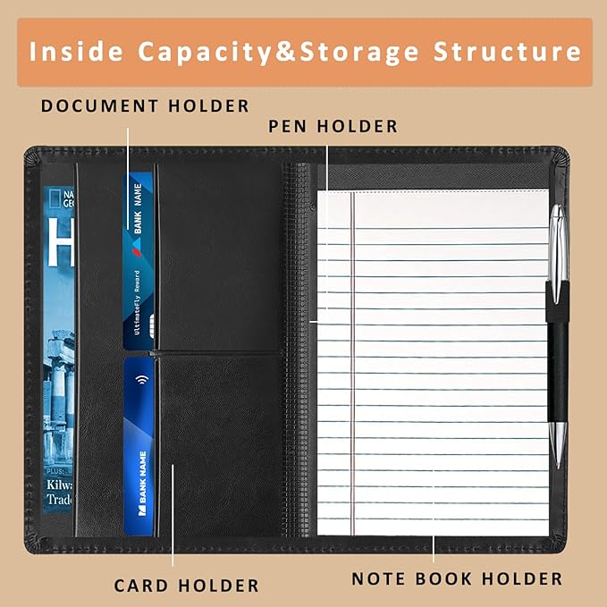 Padfolio Binder A5 Document Organizer with Refillable Lined Notepad, Junior Size Folder Portfolio for Men Women.