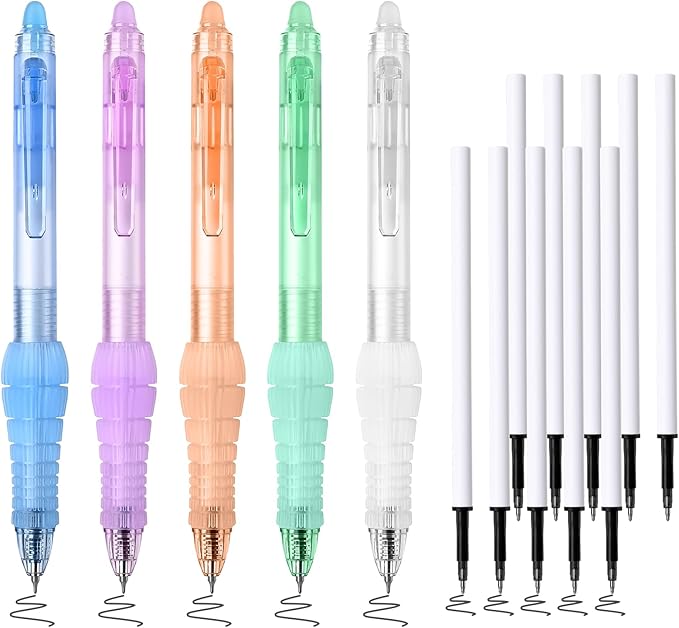 BAYTORY 5 Pcs Erasable Gel Pens, Fine Point 0.5mm Black Ink Erasable Pen with 10 Refills, Comfort Grip Writing Pens with Erasers, for Office School & Home Supplies (Black Ink)