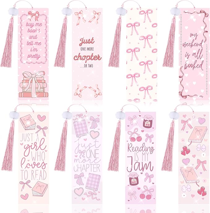 8 Pieces Christian Bible Verse Diamond Art Bookmarks 5d Christian Beaded Bookmark Acrylic Tassel Bookmark for DIY Making Beginners Adults Arts Craft Supplies (Pink Bow-1)
