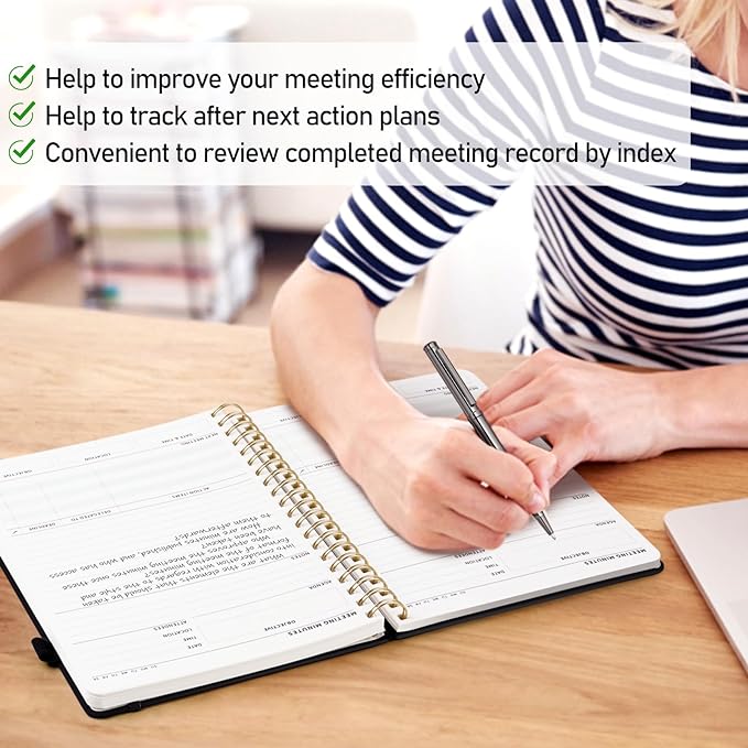 WEMATE Meeting Notebook for Work B5 (7"x10") - PU Leather Work Notebook with Agenda, Action Items & Notes - 200 Pages for Men&Women, Staff and Students, Meeting, Projects Planning - Black