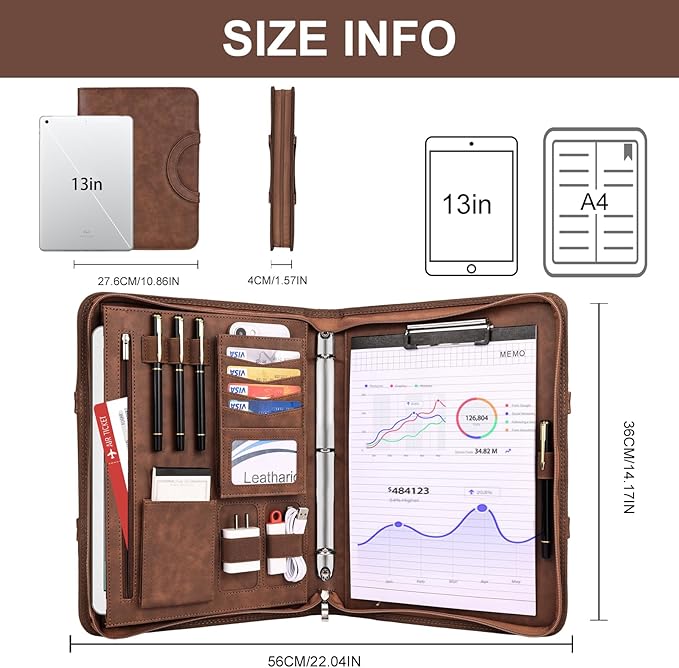 Leathario Portfolio Binder, Includes 5 Folder Index Dividers, 13 Inch Tablets Organizer with Handle, Vegan Leather A4 Padfolio, Multi-Pocket Notepad Business Planner Professional Document
