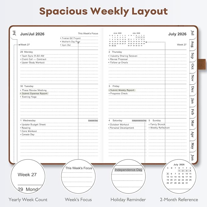 OMEYA Leather Academic Planner 2026-2027: A5 Brown Business Weekly & Monthly Planner for Work, July 2026 – June 2027, 100gsm Thick Paper, Durable Stitched Binding, Tabs, Pen Loop, Pocket
