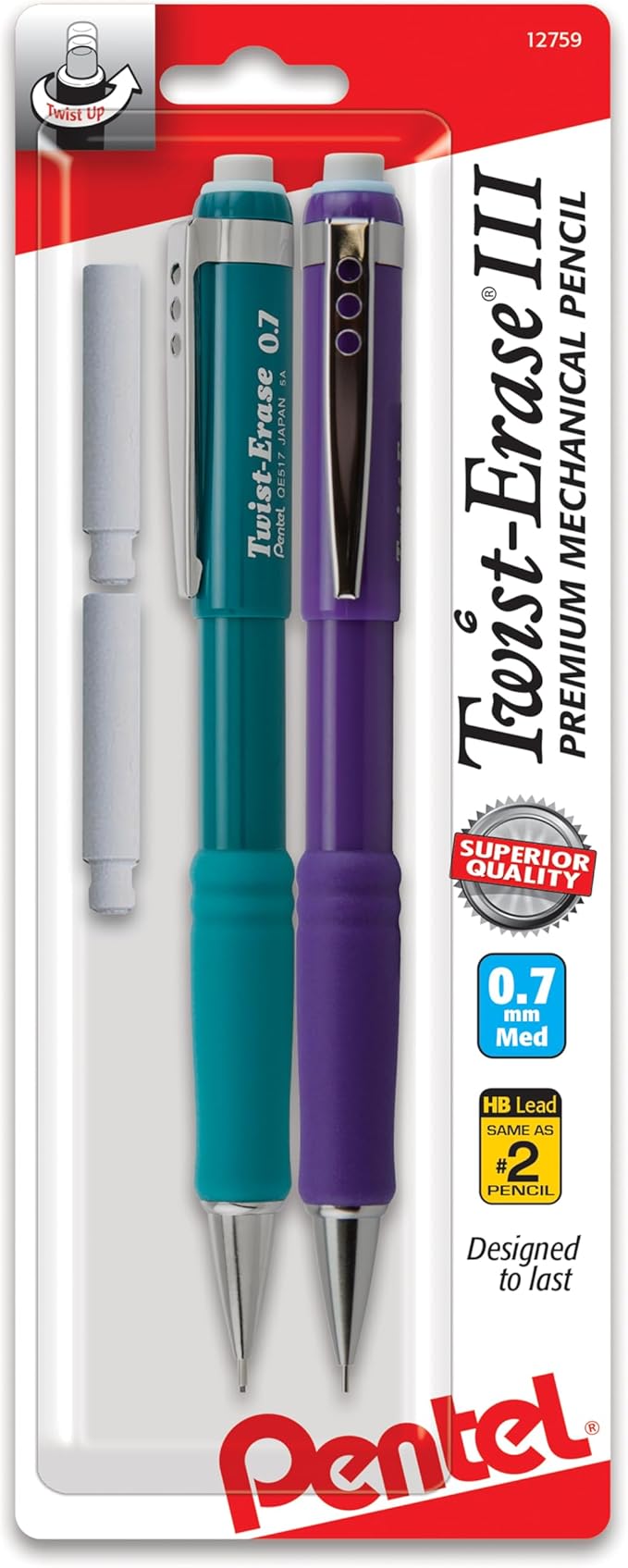 Pentel Twist-Erase III Mechanical Pencil,(0.7mm),Assorted Barrel Colors with Eraser Refills (QE517BP2),(Pack of 4)