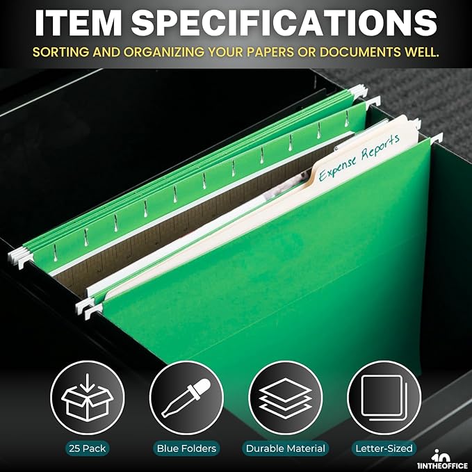 1InTheOffice Green Hanging File Folders, Letter Size Adjustable Tabs, 1/5 Tabs, 11 pt, 25 Pack