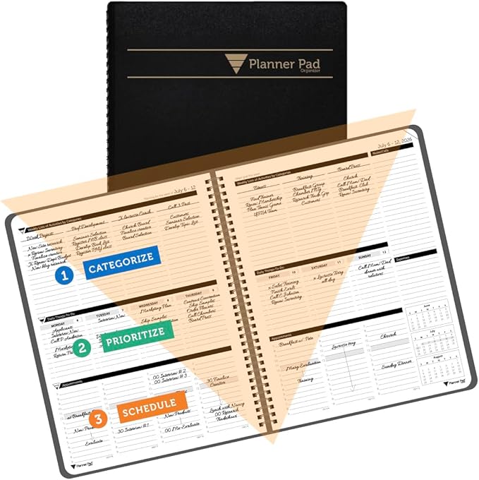 Planner Pad Spiral Bound 3-Tier Funnel Down 12 Month Medium Size Organizer, July 2026 – June 2027 / Academic Year, Black Cover/Black Ink, 6 3/4" x 8 1/2"