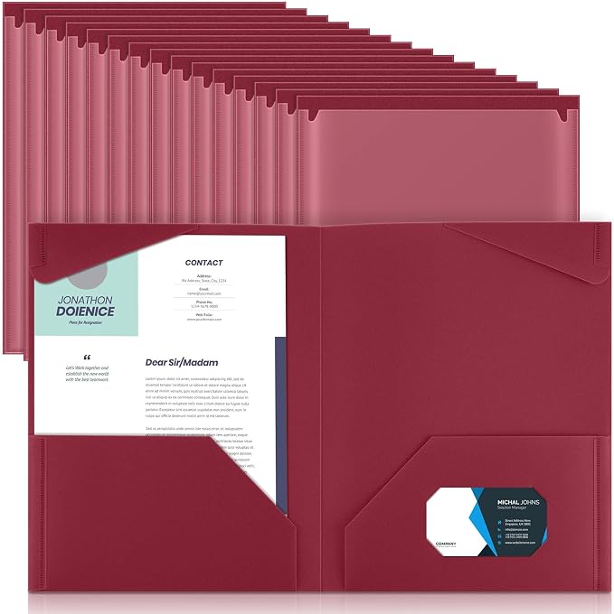 Henoyso 36 Pack Dark Red Plastic Folders with Clear Front Pockets Heavy Duty File Folders with 2 Pockets and Card Slot for Student Communication School Office Presentation Report