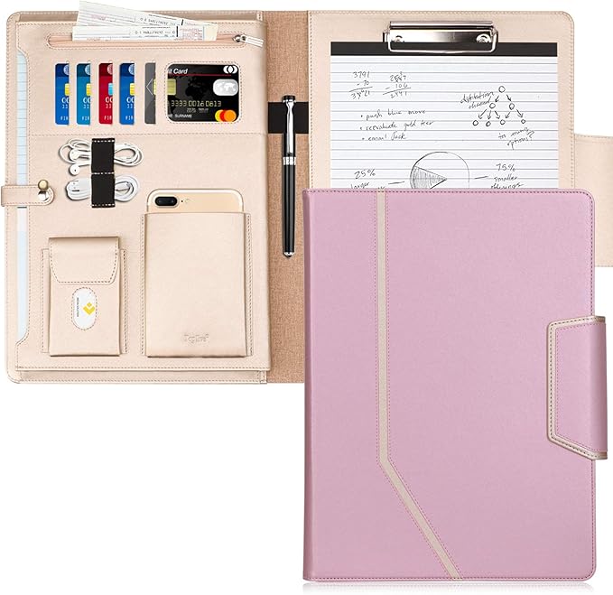 Toplive Portfolio Case, Conference Folder Executive Business Padfolio with Document Sleeve, Letter/ A4 Size Clipboard, Business Card Holders, Portfolio Padfolio for Women & Men, Rose Gold
