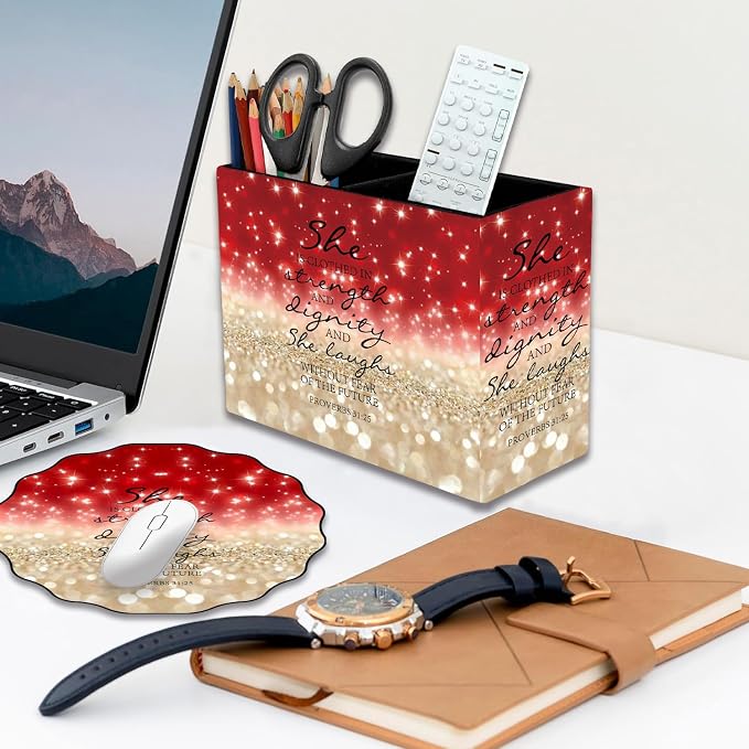 Pen Holder and Anti-Slip Mouse Pad Combination, Makeup Brush Storage Box, Tableware Storage Box, Suitable for Office and Home - Red Glitter Quote Proverbs 31-25