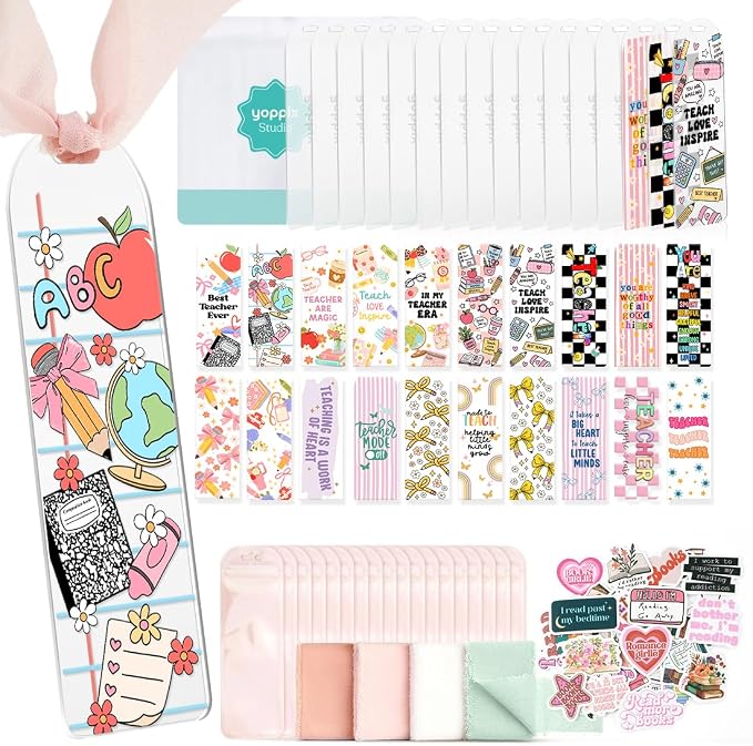 YOPPIX 6x2” Acrylic Bookmark Blanks- 20 Set Bookmark Making Kit with 20 UV DTF Stickers About Teacher Theme 20 Ribbon 80 Bookish Stickers for DIY Your Crafts Gift for Teacher