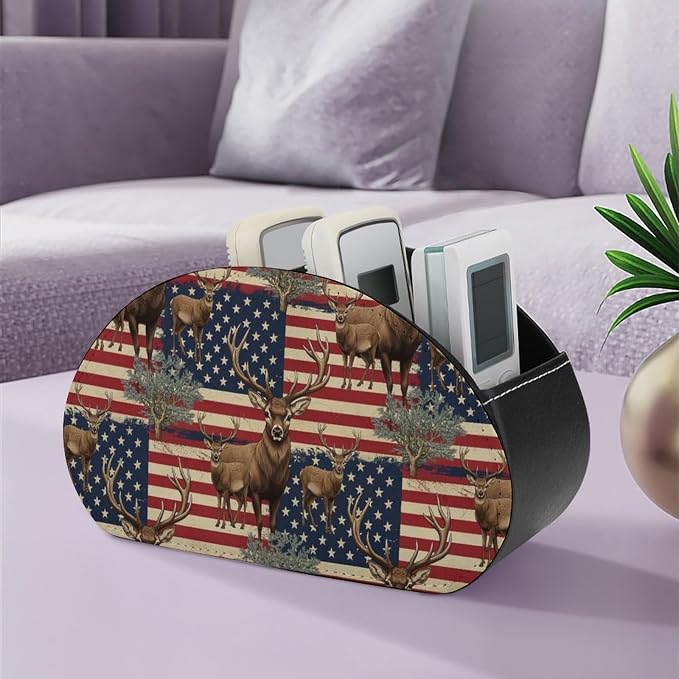 PU Leather Remote Storage Box, 5-Compartment Desk Organizer for Media Controllers, Office Supplies, and Home, American Flag Deers