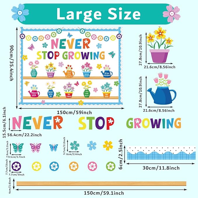 71PCS Never Stop Growing Bulletin Board Spring Bulletin Board Decorations Set Positive Flower Butterfly Paper Cutouts for Teacher Back to School Classroom Chalkboard Wall Decor Supplies