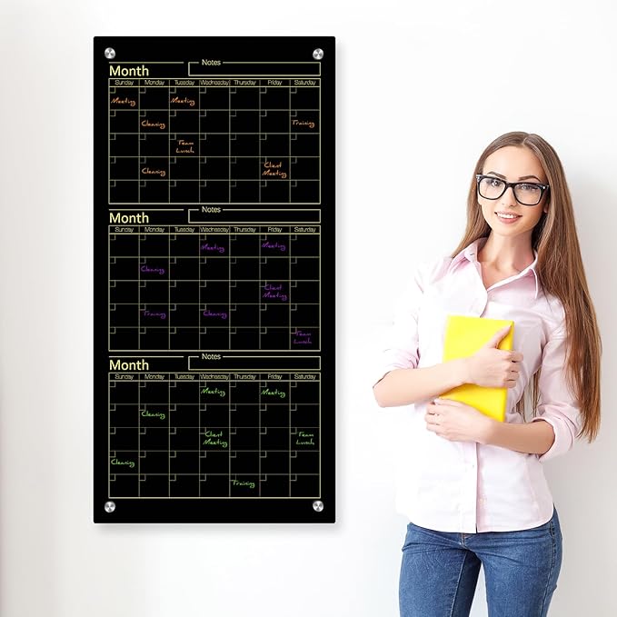 Black Glass Whiteboard Calendar 36" X 18" 3 Month Dry Erase White Board Planner Glass Large Wall Mounted Calendar with Marker Tray for Wall Home Office