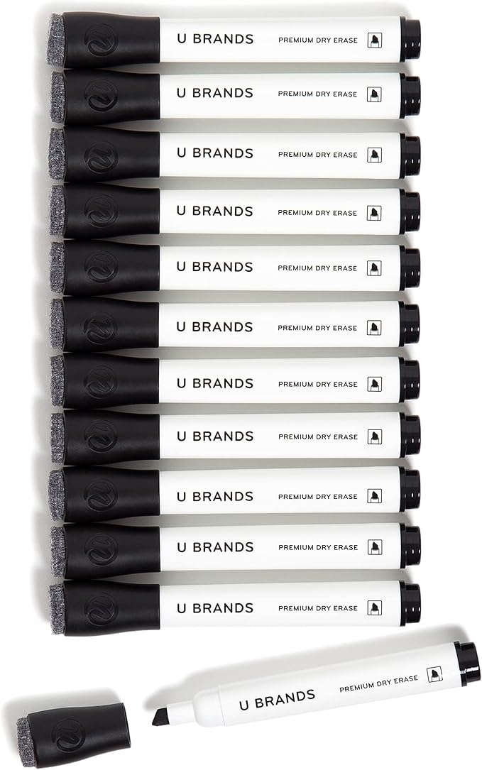 U Brands Dry Erase Markers, Fine Tip Whiteboard Markers, Chisel Tip, Low Odor, Black Dry Erase Marker Set with Eraser Caps, Office School Classroom Supplies, 12 Count
